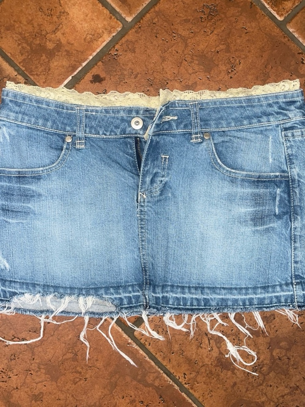 Deb Light Blue Denim Mini Skirt with Lace Trim